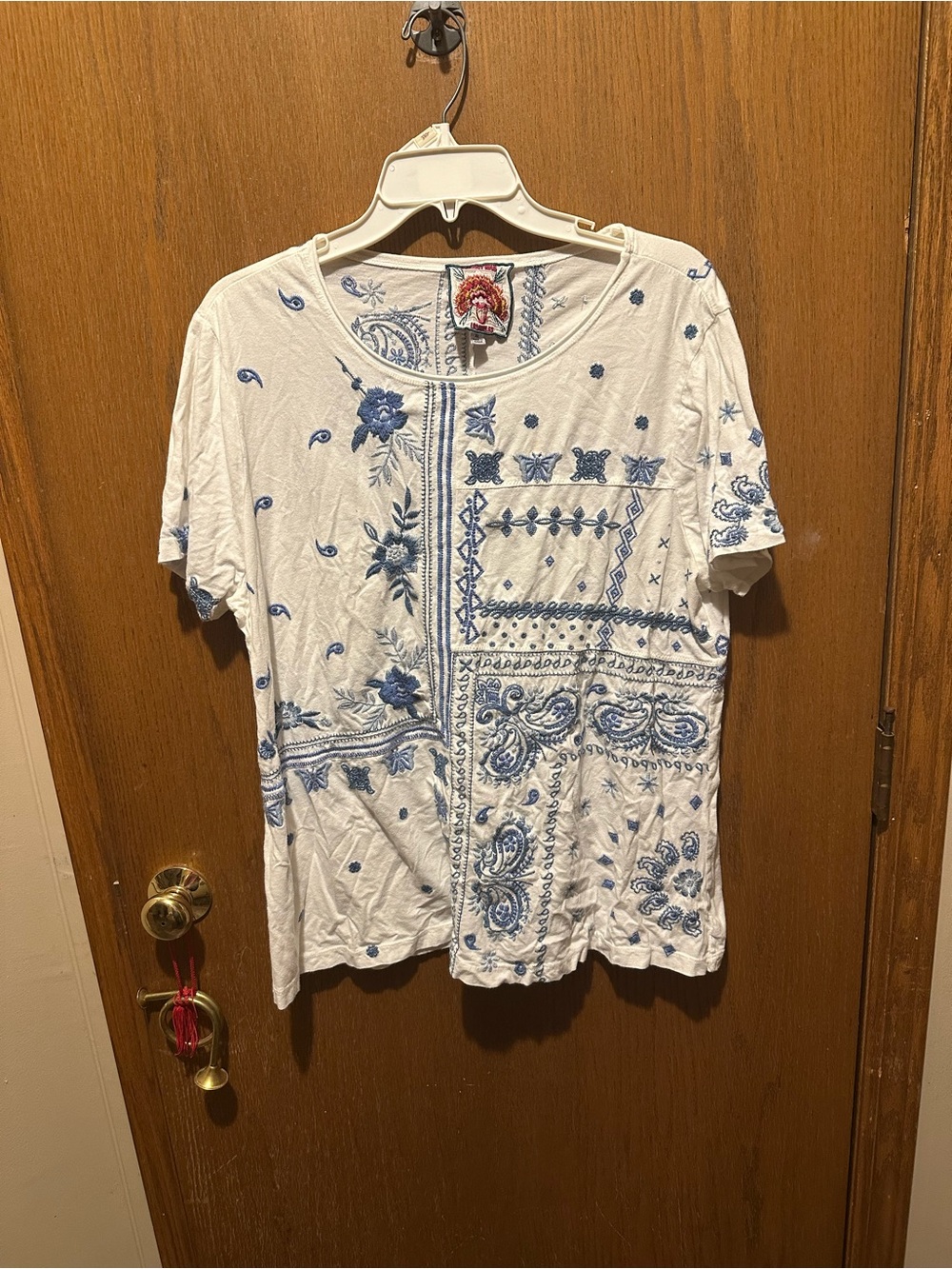 Embroidered Blue & White Women's Short Sleeve Top Johnny was
